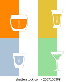 Whiskey, tequila, vodka and martini glass in minimalist linear style with text. Contour of glassware on right side in form of fine line. Four types of multi-colored drink. Isolated image on white.