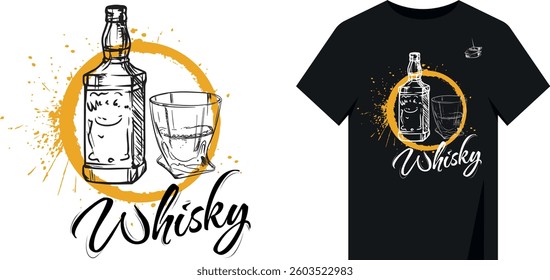 Whiskey t-shirt print, hand drawn vector design. Alcohol bottle, glass, circle with splashes