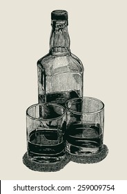 Whiskey in two glasses and bottle. engraved retro style. vector illustration