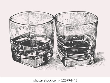 Whiskey in two glasses. engraved retro style. vector illustration