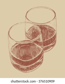 Whiskey in two glasses. engraved retro style. vector illustration