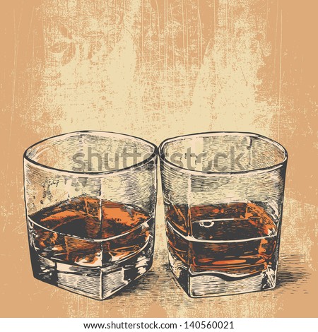 Whiskey in two glasses. engraved retro style. vector illustration