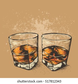 Whiskey In Two Glasses.Hand Drawn Style. Alcoholic Drinks Design.Vector Illustration