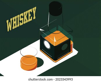 Whiskey. Vector 3d isometric, color web icons set, new flat style on green grunge background. Creative illustration design, idea for infographics.