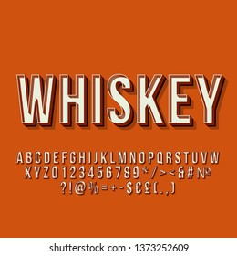 Whiskey vintage 3d vector lettering. Retro bold font. Pop art stylized text. Old school style letters, numbers, symbols pack. 90s, 80s poster, banner typography design. Terracotta color background