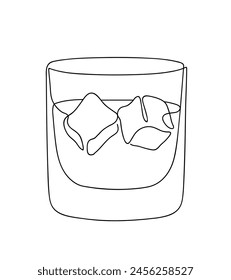 Whiskies y hielo. Whisky en las rocas en un vaso. Whisky con soda. Ilustración vectorial de plano continuo de una línea