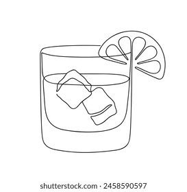 Whiskies and ice. Scotch on the rocks in a glass. Whiskey and soda. Continuous one line drawing vector illustration