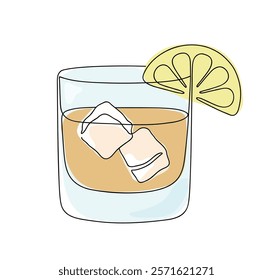 Whiskies and ice. Scotch on the rocks in a glass. Whiskey and soda. Continuous one line drawing color vector illustration.