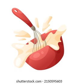 Whisking cream in the bowl vector cartoon illustration. Bakery banner design. Kitchenware, cooking utensil. Cooking process with a whisk.