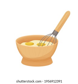 Whisking the Egg Yolk in the wooden Bowl in cartoon style isolated on white background. Raw nutrition food preparation, cooking ingredient, rustic symbol