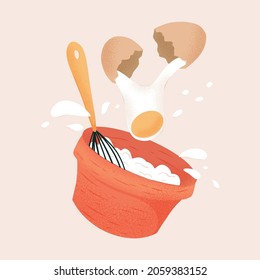 Whisking eggs in the bowl vector hand drawn textured illustration. Elements for bakery logo design. Kitchenware, cooking utensil. Broken eggs and cooking process. Homemade food.