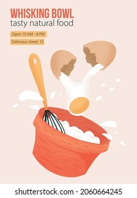 Whisking eggs in the bowl vector hand drawn textured illustration. Bakery banner design. Kitchenware, cooking utensil. Broken eggs and cooking process.