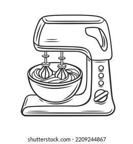 Whisks Of Mixer Whip Cream Outline Icon Vector Illustration. Black Line Electric Planetary Food Processor Whipping Dough, Batter Or Cream To Make Cake And Mix Ingredients, Household Cooking Machine