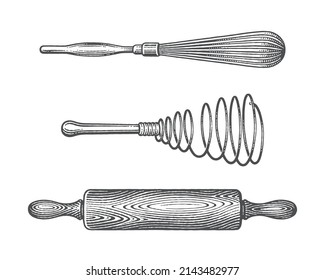 Whisks and wooden rolling pin. Baking equipment. Сookbook decor. Hand drawn engraving style vector illustration.