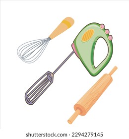 Whisks and wooden rolling pin. Baking equipment vector illustration