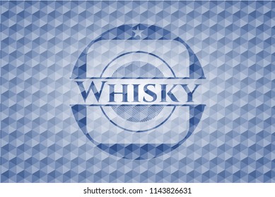 Whisky blue emblem or badge with geometric pattern background.