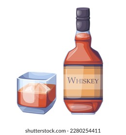 Whisky in bottle and glass with ice cubes, alcohol drink for bar menu vector illustration. Cartoon bottle full of strong whiskey beverage, isolated cup for tasting cold alcoholic brown liquid