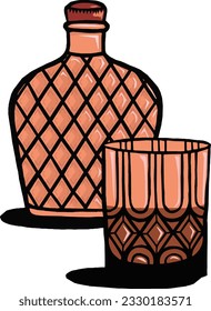 Whisky Bottle and Whisky Glass Vector Illustration.