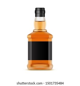 Whisky bottle or glassware jar of whiskey. Irish scotch or bourbon, liquor. Isolated container for alcohol with blank label. Alcoholic beverage for party, bar or pub. Background for store or shop sale