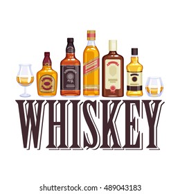 Whisky bottles and glasses. Alcohol vector illustration. Drinks bar party design.