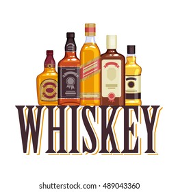 Whisky bottles and glasses. Alcohol vector illustration. Drinks bar party design.