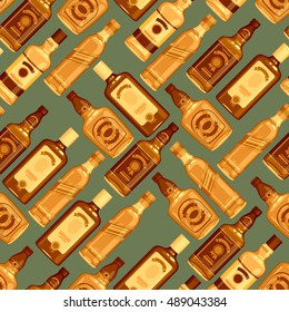 Whisky bottles seamless pattern background. Strong alcohol vector illustration. Drink bar party menu design.