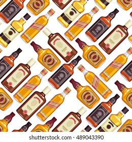 Whisky bottles seamless pattern background. Strong alcohol vector illustration. Drink bar party menu design.