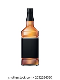 Whisky cognac or brandy bottle with black label and screw cap realistic vector illustration