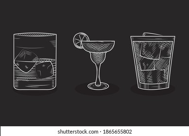 whisky glasses and margarita cocktail over black background, sketch style, vector illustration