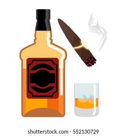 Whisky and ice. Gentleman set. Bottle of scotch. Cigar and smoke. Mens Accessories
