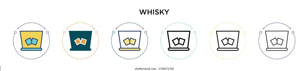 Whisky icon in filled, thin line, outline and stroke style. Vector illustration of two colored and black whisky vector icons designs can be used for mobile, ui, web