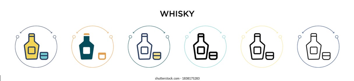 Whisky icon in filled, thin line, outline and stroke style. Vector illustration of two colored and black whisky vector icons designs can be used for mobile, ui, web