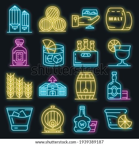 Whisky icon set. Outline set of whisky vector icons neon color on black