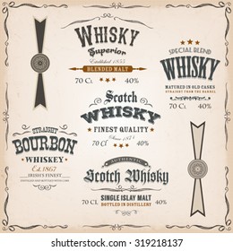 Whisky Labels And Seals On Vintage Background/
Illustration of a vintage design set of whisky drinks and beverage package labels, with textures, floral patterns, ornaments and seals for bottle