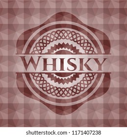 Whisky red emblem or badge with abstract geometric pattern background. Seamless.