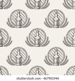 Whisky seamless pattern with barrel bottle and wheat. Vector illustration