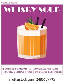 Whisky sour cocktail on the purple background. Vector illustration of citrus refreshing drink. Alcoholic cocktail recipe poster