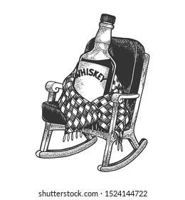 Whisky whiskey bottle sits in rocking chair covered with plaid sketch engraving vector illustration. Tee shirt apparel print design. Scratch board style imitation. Black and white hand drawn image.