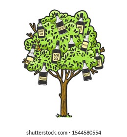 Whisky whiskey bottles flasks on tree sketch engraving vector illustration. T-shirt apparel print design. Scratch board style imitation. Black and white hand drawn image.