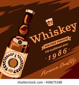 Whisky or whiskey glassware bottle with grains on sticker and premium quality text retro or vintage, old style poster. Alcohol beverage or booze for bar and restaurant theme