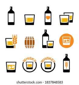 Whisky or Whiskey vector icon set - alcohol drink, pub and bar design. Vector color icons set of whisky, whiskey bottle and glass isolated on white 
 