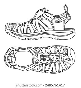 Susurro de las mujeres Dedo del pie cerrado Durable Cómodo, Aventura Sandalias Line art, Dibujo técnico a mano dibujo contorno de Vector doodle ilustración aislado sobre fondo blanco