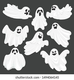 Whisper Ghost cartoon isolated on dark background. character Costume evil or Character creepy funny cute. Party celebrate Halloween night holiday. Set Vector Illustration. 
