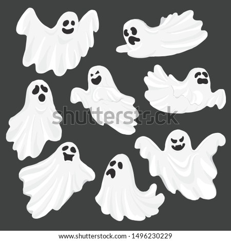 Whisper Ghost cartoon isolated on dark background. character Costume evil or Character creepy funny cute. Party celebrate Halloween night holiday. Set Vector Illustration. 