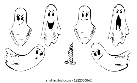 Whisper Ghost hand draw set. Ghost character Costume evil or Character creepy funny cute.