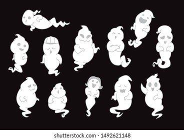 Whisper Ghost with white fabric cover in cartoon style collection isolated on white. character about creepy funny cute and Halloween.