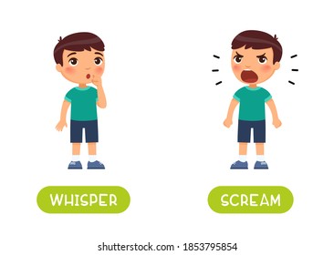 WHISPER and SCREAM antonyms word card vector template. Flashcard for english language learning. Opposites concept. Boy shows a gesture quietly, child shouts loudly.