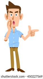 Whisper young man with short-sleeved shirt is pointing finger