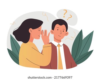 Whispering in ear. Woman tells man secrets, gossip and rumors. Friends communicate, share information and news. Conversation and interaction, concept of manipulating. Cartoon flat vector illustration