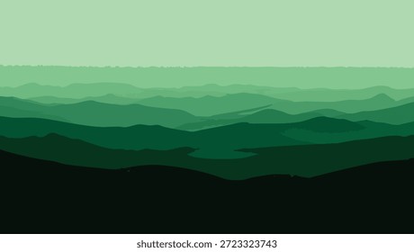 Horizontes susurrantes con capas de montañas esmeraldas que se desvanecen en la niebla, donde la luz y la sombra se desplazan a través de valles interminables y tranquilos
